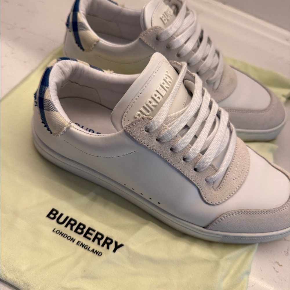 Burberry White Leather Sneakers with Blue Check Heel - Picture 3 of 5